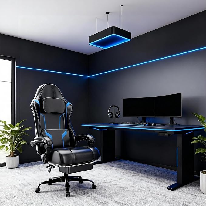 Ergonomic Gaming Chair with Footrest PU Leather Video Game Chairs for Adults 360°Swivel Adjustable Office Chair Gamer Chair Comfortable Computer Chair for Heavy People (Blue)