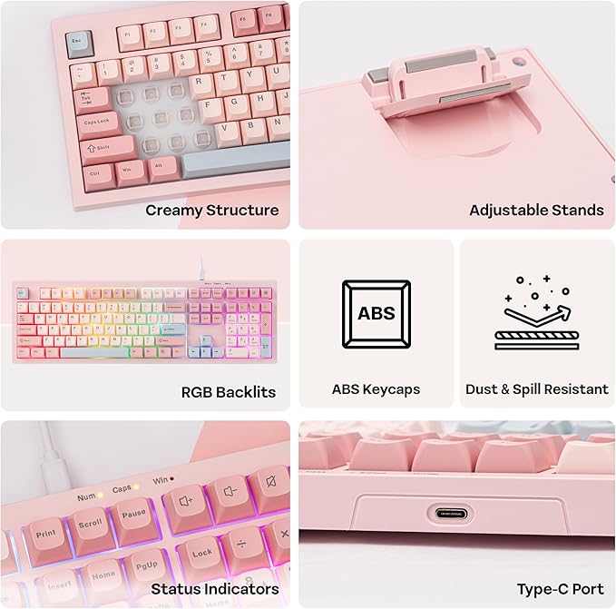 MechLands Aula S102 Membrane Gaming Keyboard with Number Pad 100% Full Size Layout USB-C Wired RGB Backlit Creamy Silicone Structure Silent Keyboard for PC Game/Office (Pink)