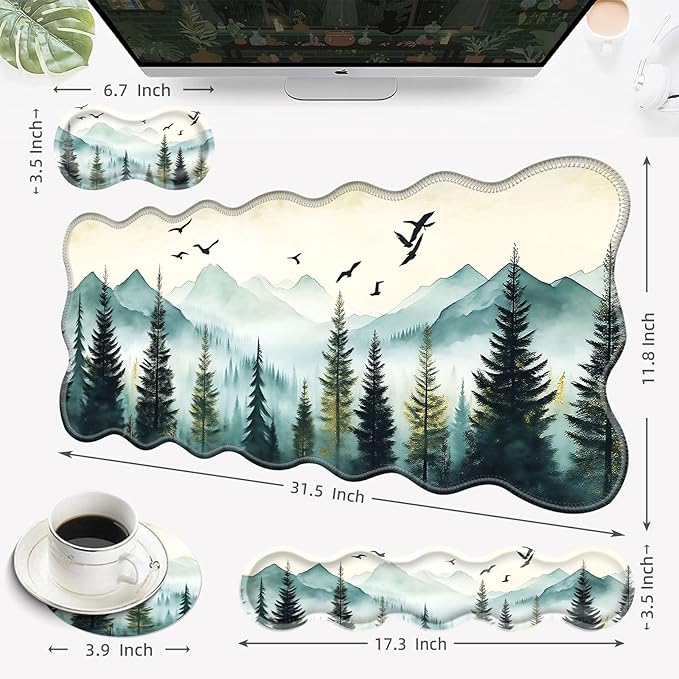 Desk Mat Mouse Pad with Wrist Rest 4-in-1 Large Mouse Pads for Desk Ergonomic Mouse Pad and Keyboard Wrist Rest Gaming Keyboard Mat for OfficeMisty Forest and Mountain
