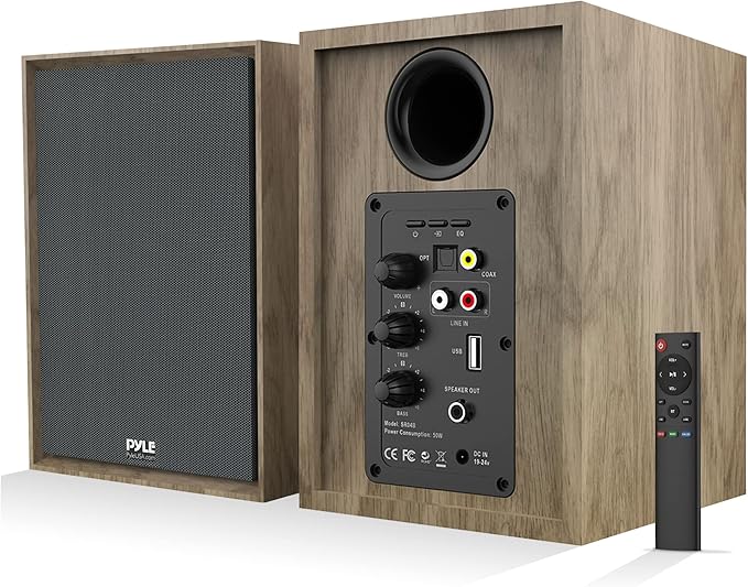 PyleUsa Powered Bookshelf Speaker Monitors HiFi Studio Monitor Computer Desk Stereo Speaker System Opt/Coax/RCA/USB/AUX Out Connection VOL/TREB/BASS Control Studio Sound Wood - PBKSRB40