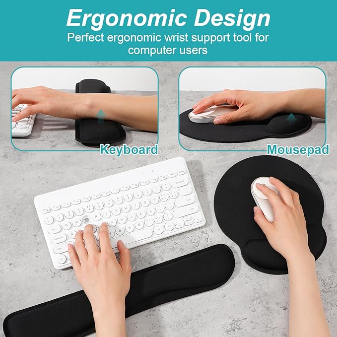 8 Pcs Ergonomic Mouse Pad and Keyboard Wrist Rest Set Memory Foam Support for Comfortable Typing Black Computer Gaming Office Home Accessories