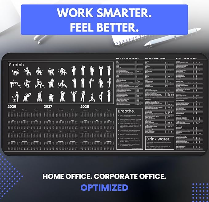 Mac Productivity Desk Mat – Keyboard Shortcuts Wellness Guide &amp 3-Year Calendar | XL Office Mouse Pad for Excel Word &amp macOS Shortcuts | Ergonomic Workspace Mat