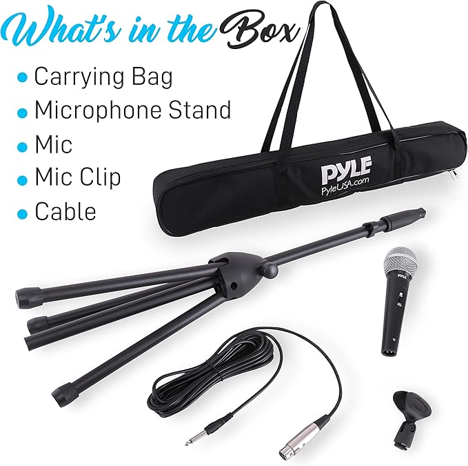 Professional Handheld Dynamic Microphone Kit - Unidirectional Vocal Wired Microphone w/Carry Bag Metal Mic Stand Holder/Clip &amp 16.4ft XLR Audio Cable to 1/4'' Audio Connection - Pyle PDMIC88ST