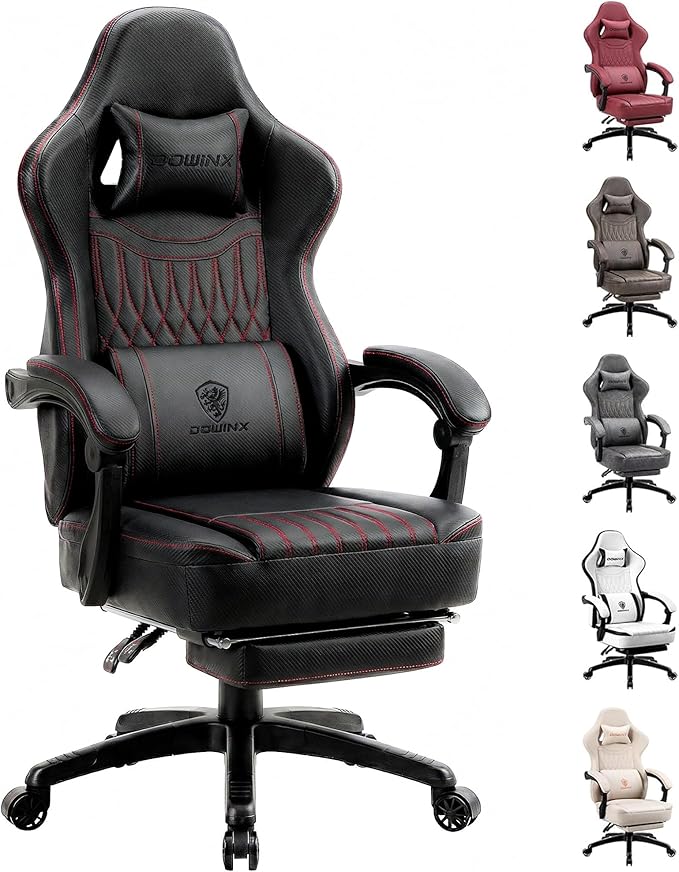 Dowinx Gaming Chair Breathable PU Leather Gamer Chair with Footrest Massage Lumbar Support Big and Tall Ergonomic Reclining Computer Chair with Pocket Spring Cushion for Adults Teens(Black)