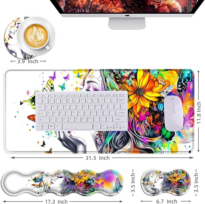 Mouse PadLarge Desk Mat Set 4in1 XL Mousepad + Keyboard Wrist Rest+Mouse Wrist Rest+Coaster with Ergonomic Desk Pad for Home Office Table Computer Cover -Woman with Floral Hair