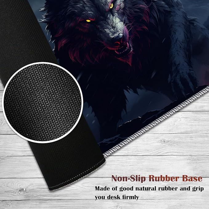 Gaming Mouse Pad Set Large Gaming Mouse Pad+Keyboard Wrist Rest+Mouse Wrist Rest+Coaster Easy Typing Pain Relief 31.5 × 11.8 inch Desk Mat for Home Office - Wolf Night