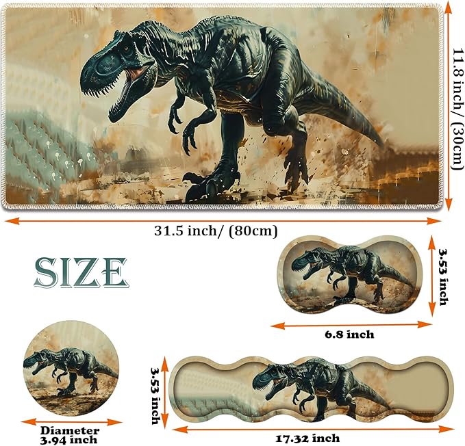 Large Gaming Mouse Pad + Keyboard Wrist Rest + Wrist Support + Coaster Set Memory Foam Ergonomic for Easy Typing XXL Extended Gaming Mouse Pad Table Pad - T-Rex