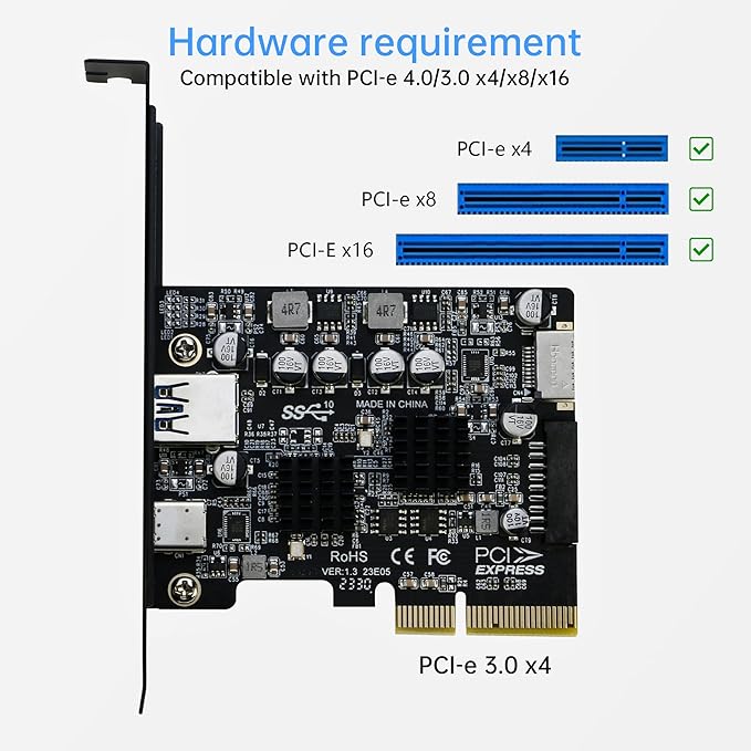 USB 3.1 PCIe Card RIITOP PCI-e 3.0 x4 to USB3.2 Gen2 Adapter (10Gbps) Expands to 20Pin + Type-E + 1x USB 3.0 + 1x USB C