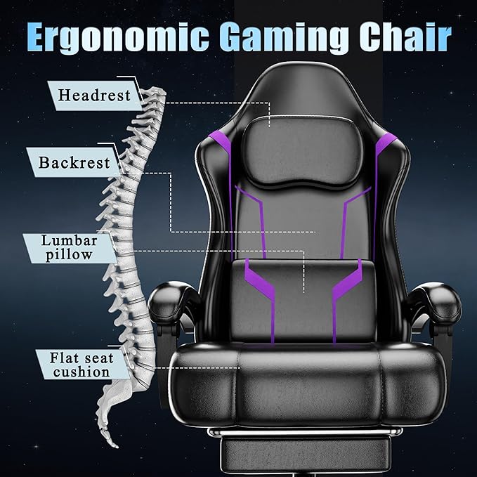 Ergonomic Gaming Chair Video Game Chair with Pocket Spring Cushion and Footrest Height Adjustable Computer Chair with Swivel Seat and Headrest (Purple)