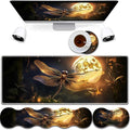4 in 1 Mouse Pad Combo Large Gaming Mouse Pad + Keyboard Wrist Support + Mouse Wrist Rest + Coaster Table Pad 31.5 x 11.8 with Memory Foam Ergonomic Wrist Pad Set Dragonfly Under The Moon