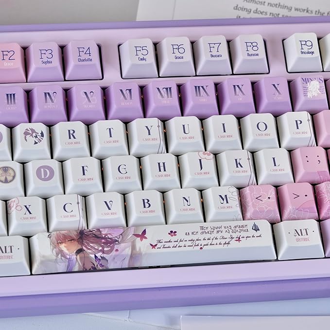 PBT Custom Keycaps 130 Keys Japanese Anime Purple Keycaps Cherry Profile Dye Sublimation Keycap Manga Style Key Cap Set for 60% 65% 75% TKL 100% Mechanical Keyboard