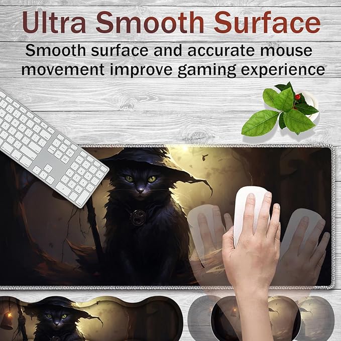 Gaming Mouse Pad Set Large Gaming Mouse Pad+Keyboard Wrist Rest+Mouse Wrist Rest+Coaster Easy Typing Pain Relief 31.5 × 11.8 inch Desk Mat for Home Office - Black Cat Witch