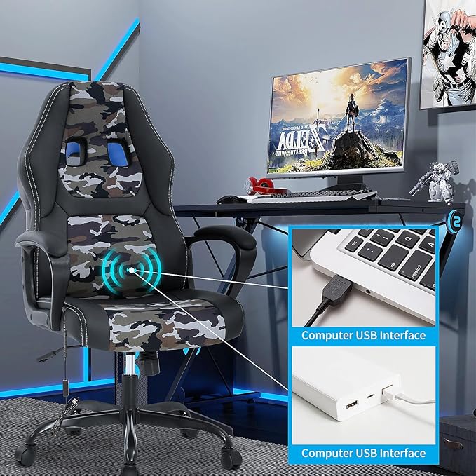 Video Gaming Chair with Massage Function Ergonomic Computer Desk Chairs Home Office Desk Chair with Lumbar Support Adjustable Height Swivel Wheels Camo