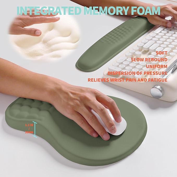 2-in-1 Ergonomic Set Wave Rise Keyboard Wrist Rest and Massage Bulge Slope Mouse Pad Wrist Support Cushion Memory Foam Integrated to Relieve Wrist Pain Olive Green