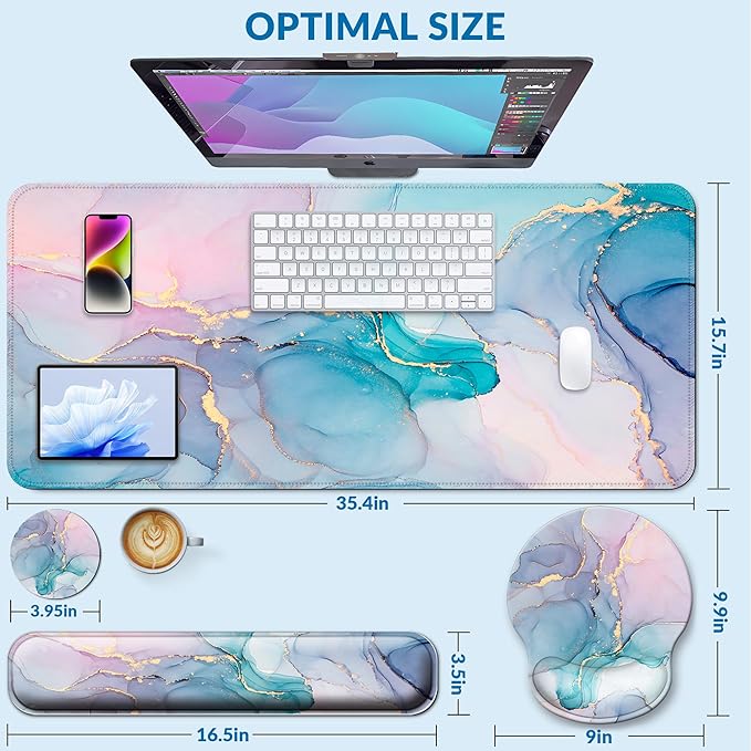 Desk Mat Set + Keyboard and Mouse Pad with Wrist Rest Support4-in-1 Large Mousepad Computer Mats for Desktop Home &amp Office-Golden Blue Marble