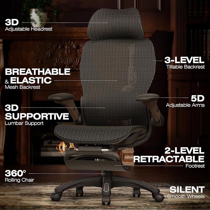 ELABEST X100 Ergonomic Office Chair with Footrest Big and Tall Home Desk Chair with 5D Flip-Up Arms Adjustable 3D Lumbar SupportHigh Back Rolling Computer Chair Swivel Mesh Chairs (Library Oak)