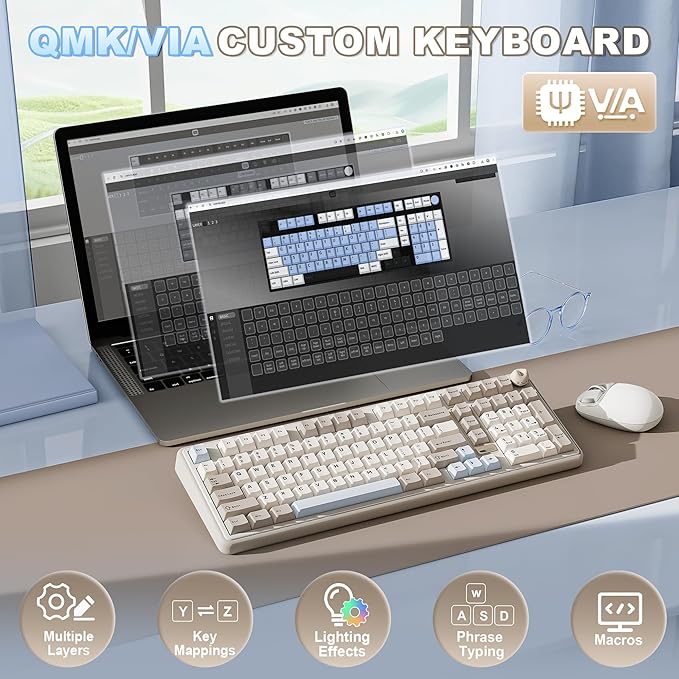 YUNZII B98 PRO QMK/VIA Wireless Mechanical Gaming Keyboard 96% Layout with Numpad and Cute Cat Knob BT/2.4G/USB-C Pre-Lubed Switch Hot Swap Gasket RGB for Win/Mac (Beige Candy Linear Switch)