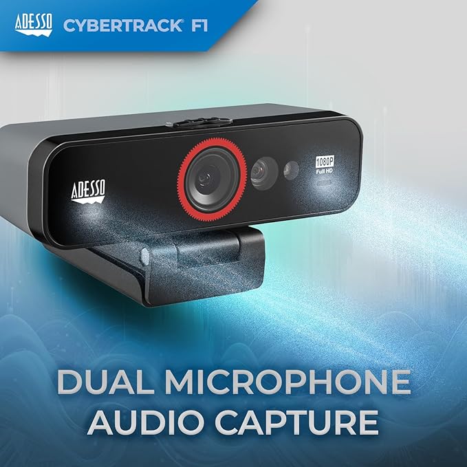 Adesso CyberTrack F1 1080P HD Fixed Focus USB Windows Hello Webcam Camera for Desktop PC Built-in Dual Microphone Privacy Shutter Audio/Video Mode Privacy ON/Off Switch &amp Tripod Mount