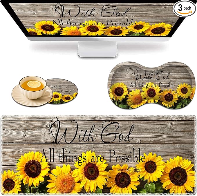 Large Game Mouse Pad + Wrist Support Pad + Coffee Coaster Sunflower Quote Matthew 19:26 Foldable Table Mat with Stitched Edge Non-Slip Set Pad Suitable for Office Work and Home