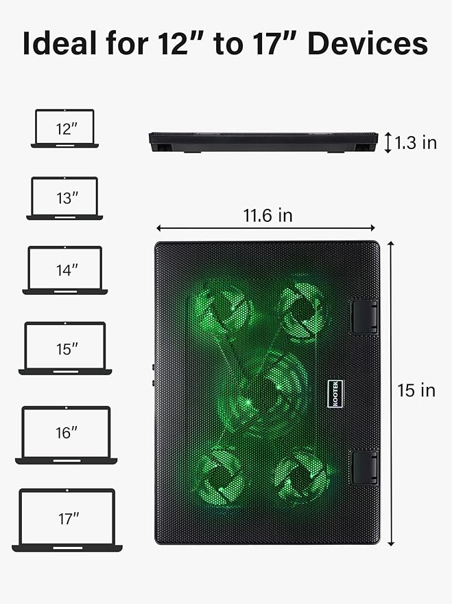 Kootek Laptop Cooling Pad Laptop Cooler with 5 Quiet Fans for 12-17 Computer PC Notebook Gaming Laptop Fan Height Adjustable Laptop Cooling Stand Laptop Accessories Green