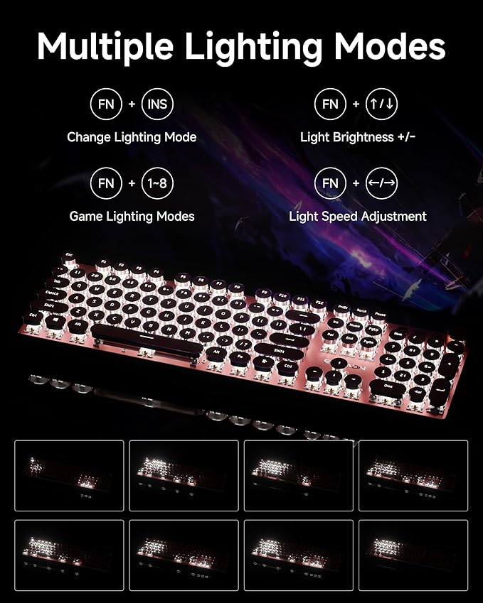 EWEADN Typewriter Style Mechanical Keyboard Wired Typewriter Keyboards104 Keys Backlit LED Metal Keyboards Media Control Knob Wired Computer Keyboard White Switch for Windows/Mac/PC-Dark Pink