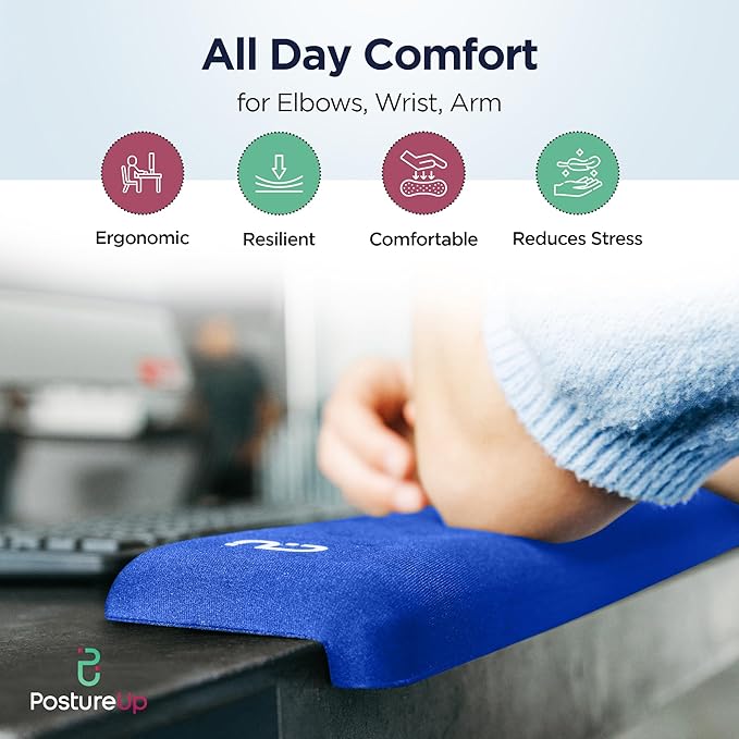 EdgeRest PostureUp L-Shaped Desk Long Wrist Rest Elbow Forearm &amp Wrist Comfort Support for Table or Desk Edge Non-Slip Memory Foam Padding Ergonomic Design for Work Universal Fit Blue