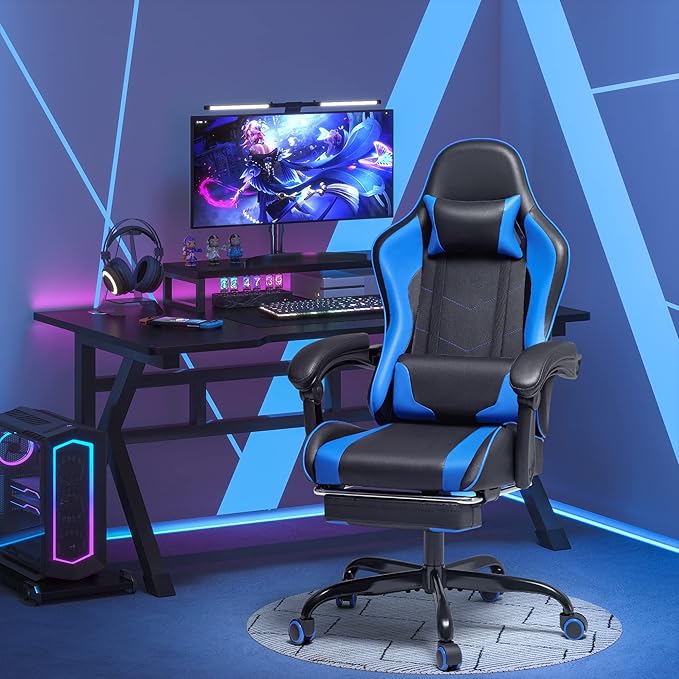 Homall Gaming Chair Video Game Chair with Footrest and Massage Lumbar Support Ergonomic Computer Chair Height Adjustable with Swivel Seat and Headrest (Blue)