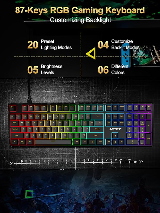 NPET CR108 RGB Gaming Keyboard and Mouse Combo 108 Keys Swappable Custom Wired Mechanical Keyboard Linear Red Switches Adjustable Gaming Mouse for PC Mac Xbox Gamer (108 Keys Black Grey)