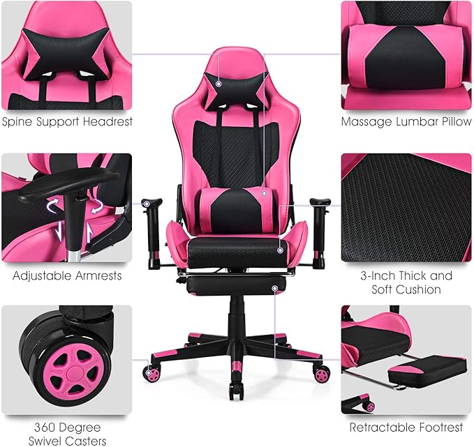 Giantex Massage Gaming Chair Pink Ergonomic Video Game Chair with Footrest High Back E-Sport Computer Chair with Headrest &amp Massager Lumbar Support PU Leather Gaming Seat