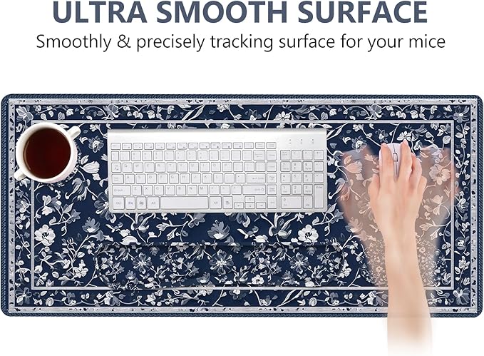 DINKY Mousepad with Wrist Rest Desk Pad for Keyboard and Mouse Ergonomic Mouse Pad Set Keyboard Wrist Rest with Coaster Desk Mat Set for Office Home Blue Art Leaf
