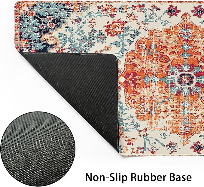 Orange Teal Boho Gaming Mouse Pad Extended 3XL Rug Carpet Bohemian Retro Large Desk Mat Big Mousepad Non-Slip Rubber Base Stitched Edge Long Desk Pad for Desktop Office PC Gamer47.2x23.6 in120x60cm
