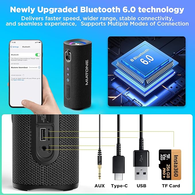 MIATONE Bluetooth Speaker 40W BT 6.0 Outdoor Portable Bluetooth Speakers with 3 EQDeep Bass24H Playtime TWSIPX7 Waterproof Shower Speakers Bluetooth Wireless Portable Speaker for Party/Beach-Black