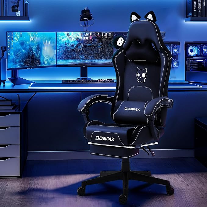 Dowinx Gaming Chair Cute with Cat Ears and Massage Lumbar Support Ergonomic Computer Chair for Girl with Footrest and Headrest Comfortable Reclining Game Chair 290lbs for Adult Teen White