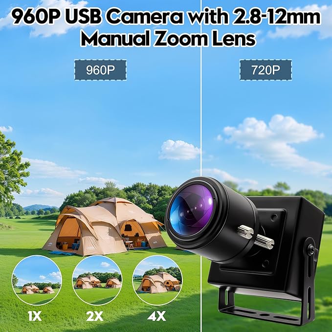 1.3MP Low Light USB Camera with CS Manual Zoom 2.8-12mm 4X Lens AR0130 0.01Lux Night Vision Camera 960p Industrial Camera with UVC Plug-and-Play for Windows Linux Android and Mac OS