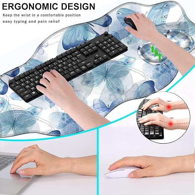 Mouse Pad with Wrist Support + Desk Mat + Coaster 3 in 1 Set XXL Large Gaming Mousepad Ergonomic Mouse Pads for Desk Computer Laptop OfficeBlue Butterfly