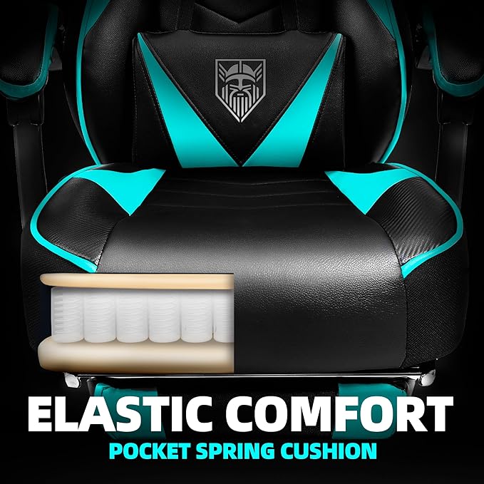 Vonesse Gaming Chair High Back Gaming Chair with Footrest and Massage Gaming Chairs for Adults with Pocket Spring Cushion Big and Tall Reclining Computer Chair with Lumbar Support (Cyan/Black)