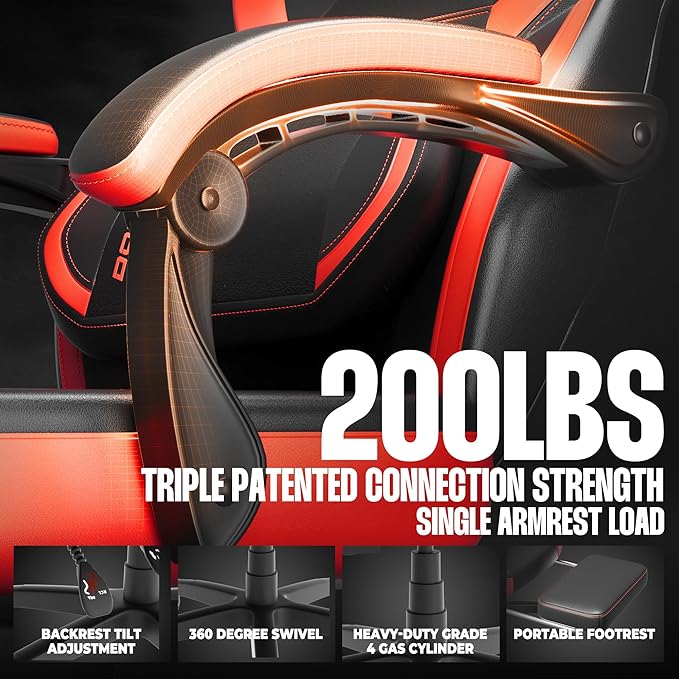 Dowinx Big and Tall Gaming Chair Red Modern High Back PU Leather Steel Frame Ergonomic Adjustable Headrest Footrest Massage Lumbar Support