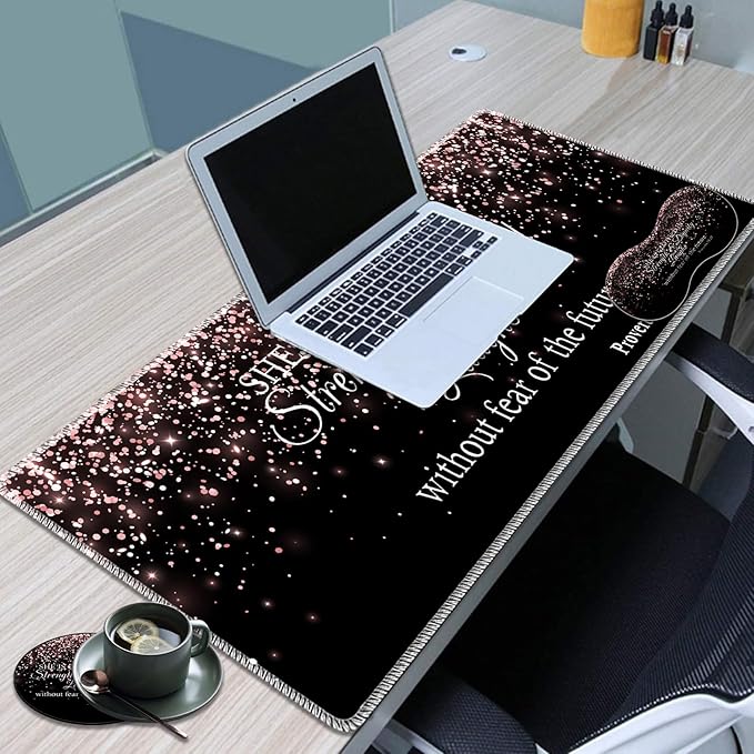 Large Game Mouse Pad + Wrist Support Pad + Coffee Coaster Rose Gold Proverbs 31:25 Foldable Table Mat with Stitched Edge Non-Slip Set Pad Suitable for Office Work and Home