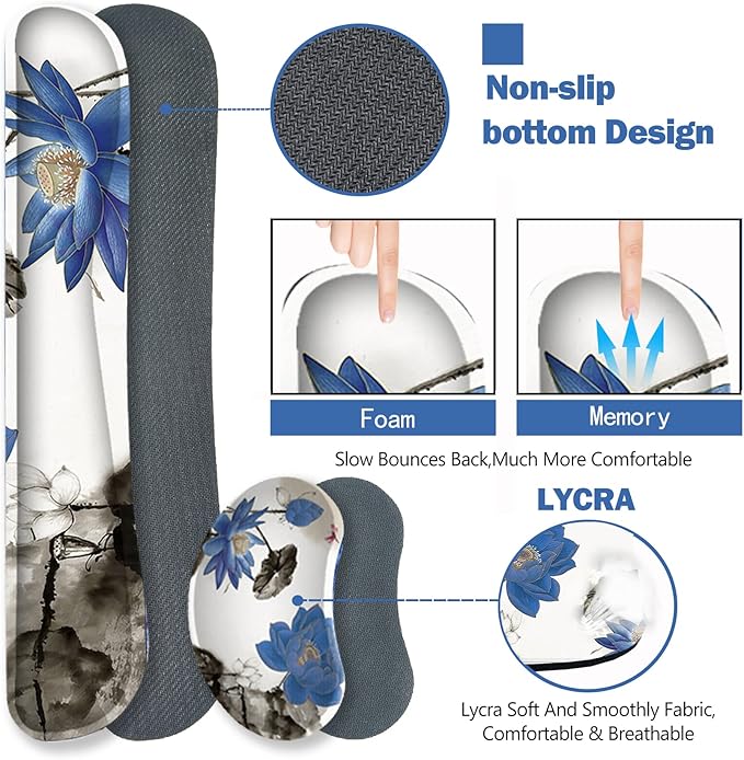 ARTSO Extended Gaming Mouse Pad Set Keyboard Wrist Rest Support Pad + Wrist Cushion + XXL Large Mouse Pad + Coaster Stitched Edge Non-Slip Memory Foam Desk Mat Blue Lotus Ink Painting