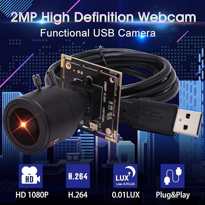 1080P USB Camera Module 0.01Lux Low Light Camera with 2.8-12mm Varifocal Lens H.264 2MP CMOS IMX323 UVC Industrial Webcam Board for Window Linux Android Mac OS