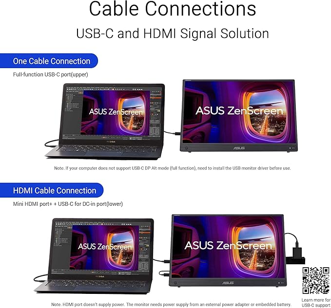 ASUS ZenScreen Touch 16” USB-C Portable Monitor (MB16AMTR) - Full HD IPS Built-in Battery Kickstand Tripod Socket Eye Care Compatible with Laptops Smartphones and Game Consoles 3 yr Warranty