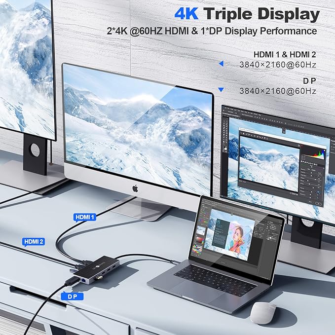 SETMSPCE Docking Station(Three Monitors) DP 4K@60Hz 2*HDM 4k@60HzPD100W 2*USB-A 10Gbps PD100W RJ45 1000Mbps 2*USB-A 2.0 SD/TF Audio Docking Station for USB-C Devices' Data Transmission