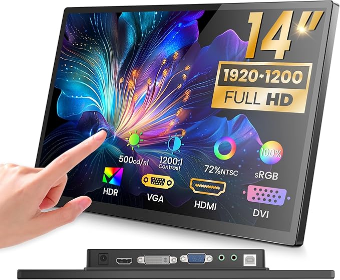 14 inch FHD Portable Touchscreen Monitor with HDMI VGA DVI Ports Compatible with Laptops PC PS5/4 Industrial POS Kiosk Screen Extender 1920×1200 HDR IPS Small Touch Screen Display 500 nits