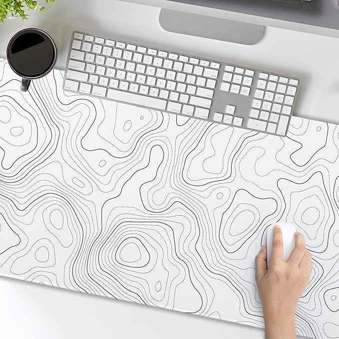 aportt Topographic Map Large Mouse Pad XXL White Lines Contour Geographic Extended Desk Mat Big 90X40 CM Non-Slip Rubber Base Stitched Edge Long Mousepad35.4 x 15.7 Inch