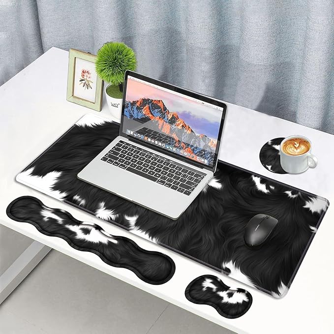 4 in 1 Ergonomic Memory Foam Mouse Pad Wrist Rest Set Large XXL Gaming Desk Pad + Keyboard Wrist Rest + Mouse Wrist Cushion + Coaster for Home Office Study Gaming Black and White Cow Print