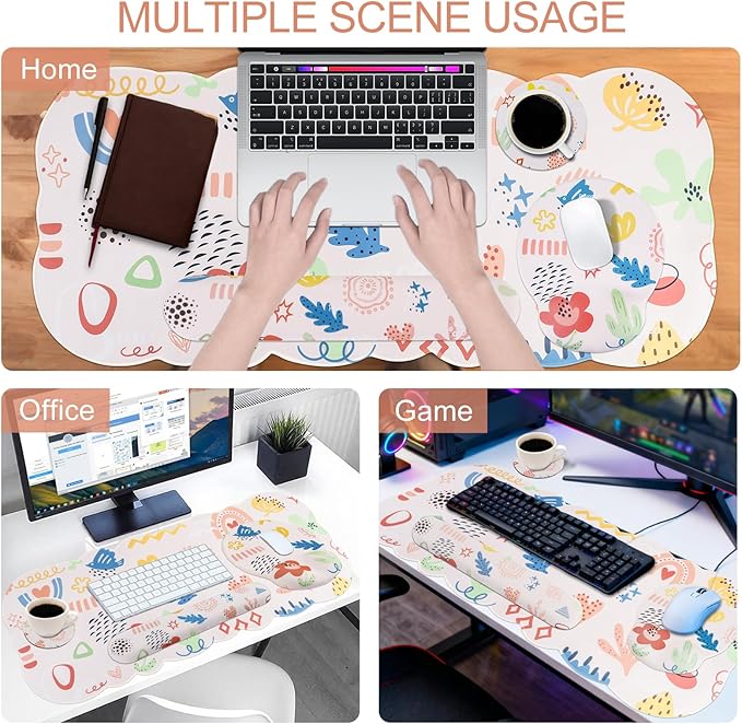 Petmolico Wrist Rest Set with Computer Keyboard Desk PadMouse Wrist RestKeyboard Typing Wrist Pad and Cup CoastersErgonomic Design for Typing Pain Relief [Pink]