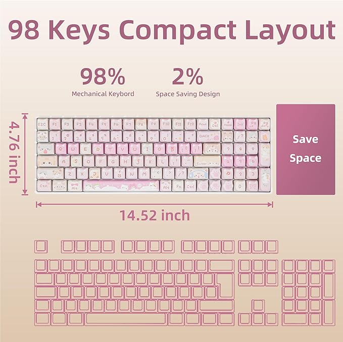 ZORNHER ZH100 Wireless Cat Mechanical Keyboard98% Pink Cute Creamy Keyboard with Number PadFull Size Girly Kitty Gaming KeyboardMeow Meow Squad KeycapsSilent Quiet SwitchesHot-Swappable