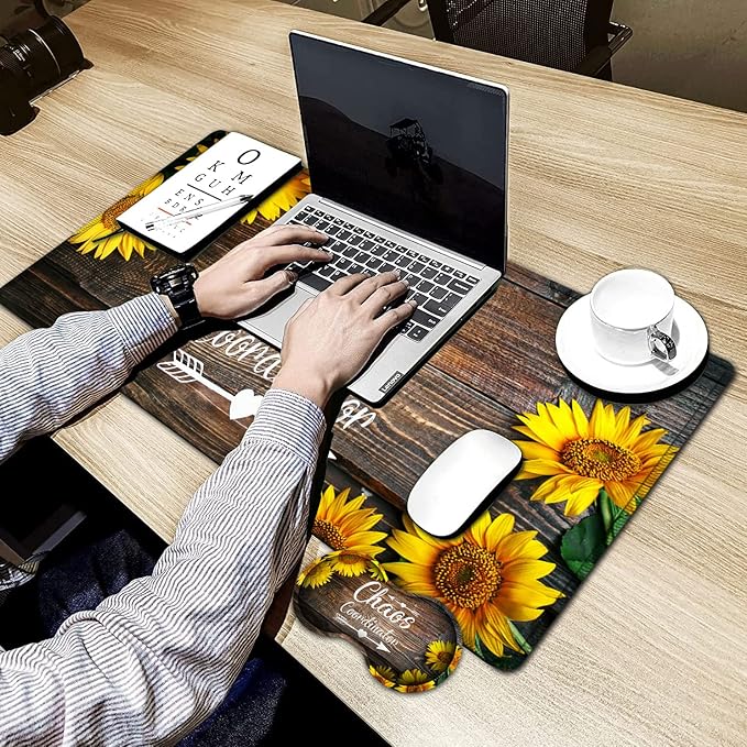 Large Gaming Mouse Pad 31.5x11.8 in Extended Computer Mouse Mat with Non-Slip PU Base Ergonomic Memory Foam Keyboard Wrist Rest for Work &amp Gaming Sunflower Chaos Coordinator Office Desk Pad