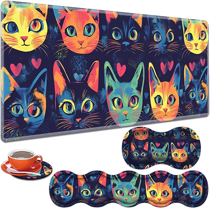 Large Gaming Table Pad 31.5 x 11.8 + Keyboard Wrist Pad + Mouse Wrist Pad + Coaster Non-Slip Base 4-in-1 Set Ergonomic Memory Foam Easy Typing Pain Relief Watercolor Cat Face
