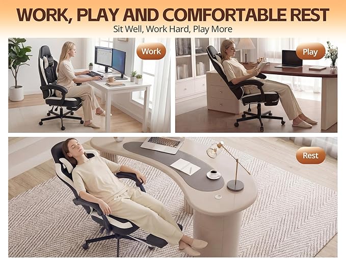 Office Chair Breathable Leather with Pocket Spring Cushion Wide and High Ergonomic Office Chair with Headrest Computer Gaming Chair with Footrest for Adult Black and White